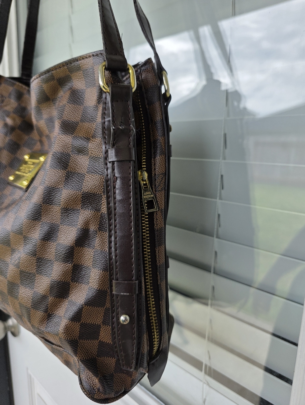 Louis Vuitton Brown Checkered Shoulder Top Handle Bag Women 11x13 Inches - Picture 5 of 15